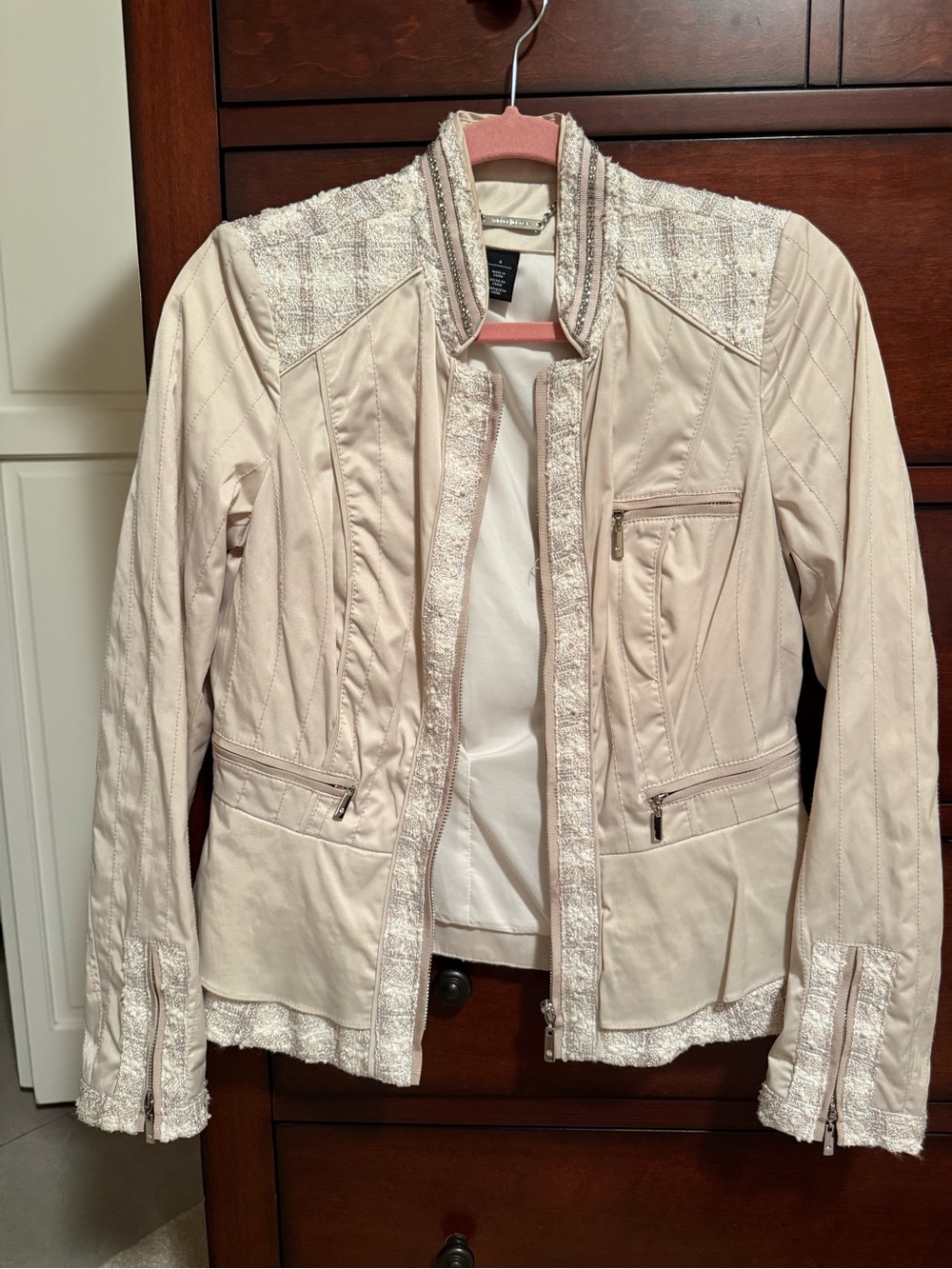 White House Black Market Blush Cream/Beige Tweed-Trim Jacket